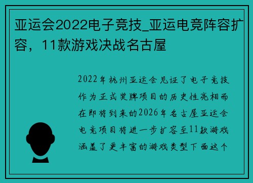 亚运会2022电子竞技_亚运电竞阵容扩容，11款游戏决战名古屋